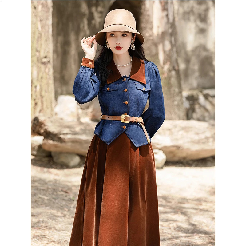Two-Piece Matching Sets for Women Velvet Skirt and Denim Jackets Coats Cropped Top Suit Casual Suits Outfits Spring Fall 240823
