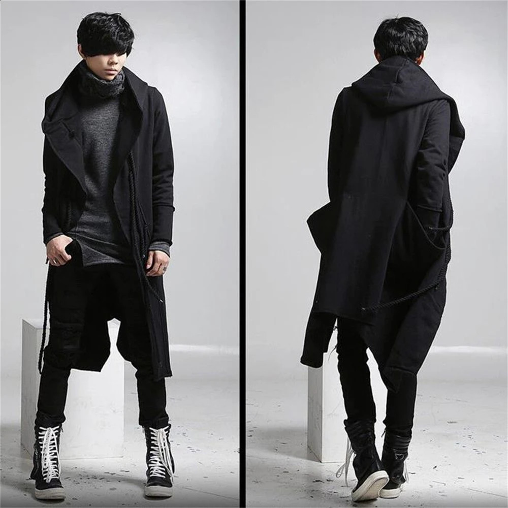 Autumn Trench Men Punk Coats Hip Hop Outerwear Slim Fit Long Coat Hooded Cloak Cardigan Mens Linen Rope n Gothic Jackets 240822