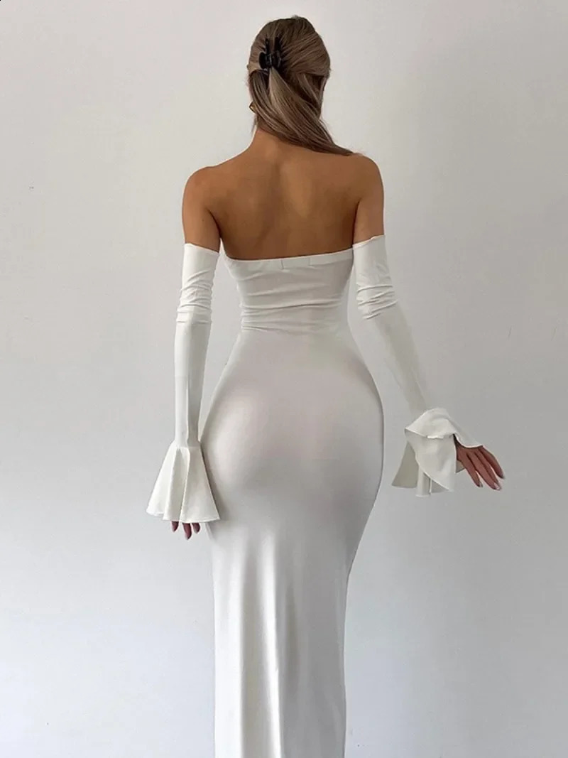 Woman Clothes Strapless Bodycon Long Dress Elegant Sexy Female Flare Sleeve High Waist Backkless Evening Dresses Black White 240823