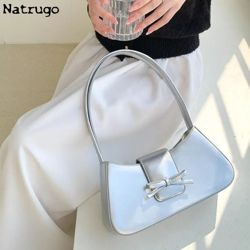 Sweet Cute Korean Bow Shoulder Underarm Tote Bag Silver Black Red White Ladies Sling Bags Leather Zip Purses Handbags Women 240822