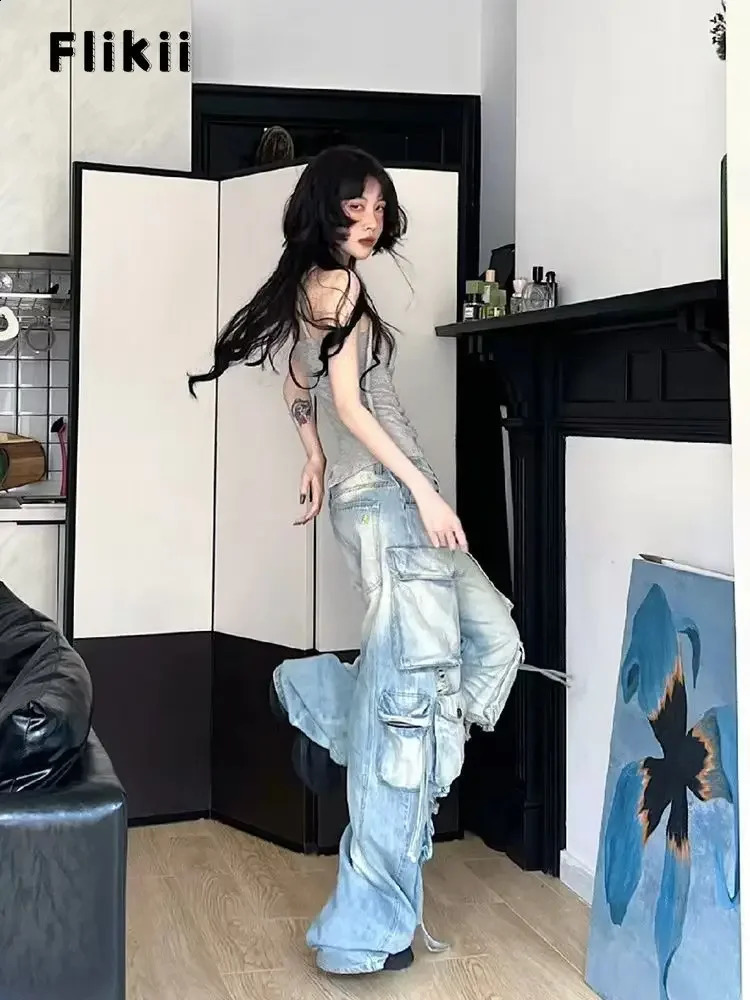 sweet Y2K Baggy 2000s Pockets Denim Trouser Women Vintage Casual Washed Pants Female Retro Waist High Street Trashy Jean Z260313
