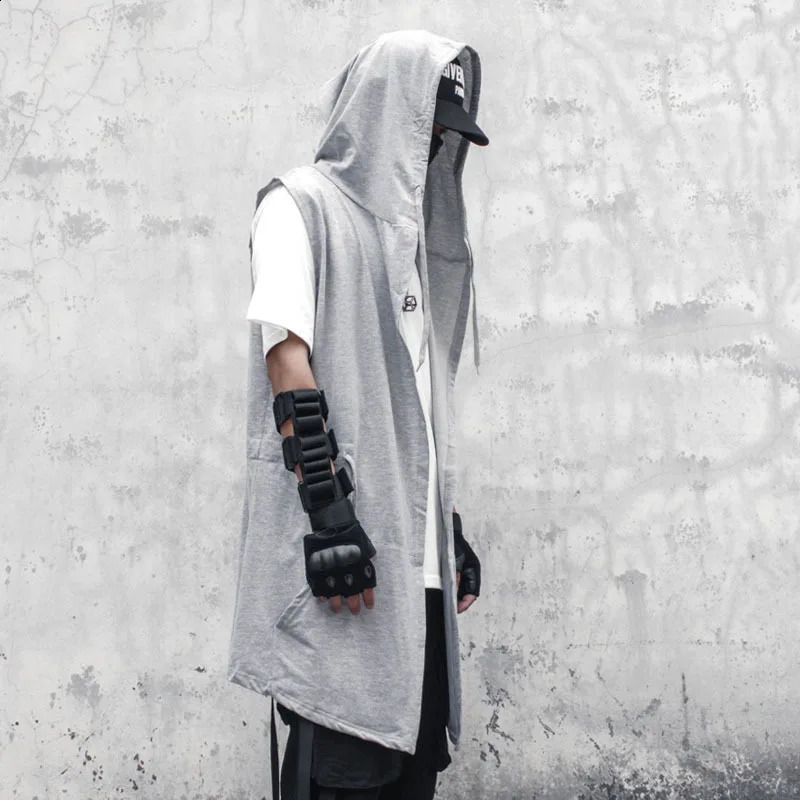 Punk Hip Hop Trench Coat Hooded Cloak Vintage Gothic Sleeveless Jacket For Men Street Casual Long Cape 240822
