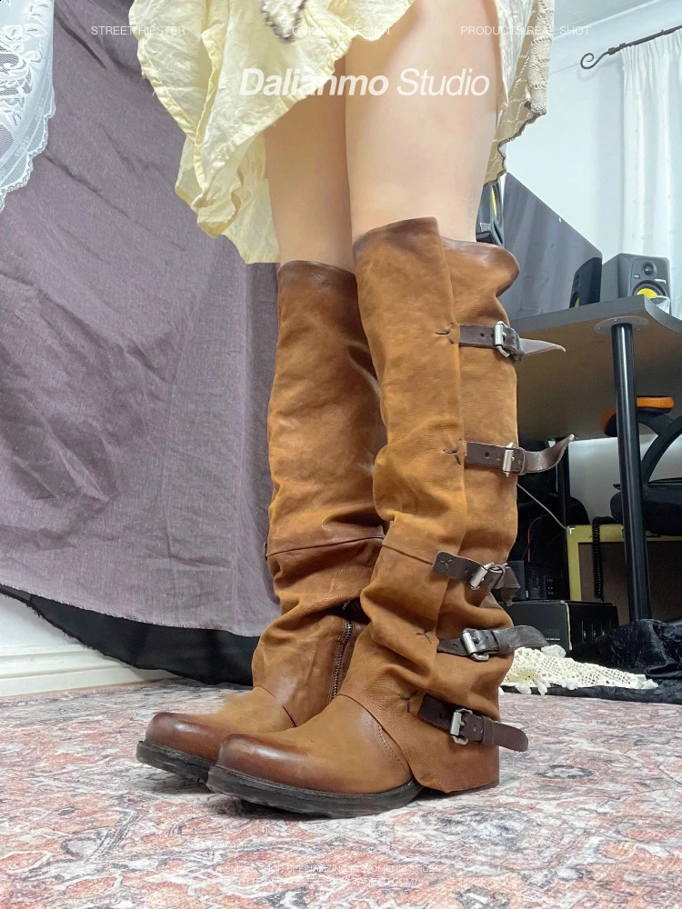 Retro belt buckle knee high boots for women round toe stacked western leather boots autumn winter pleated chicken shoes 240823