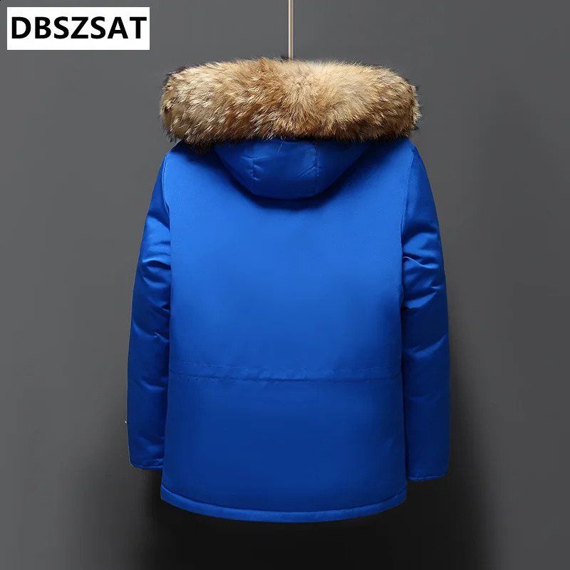 Fur collar white duck down jacket mens windproof hooded thick multi pocket warm 30 degree park 240822