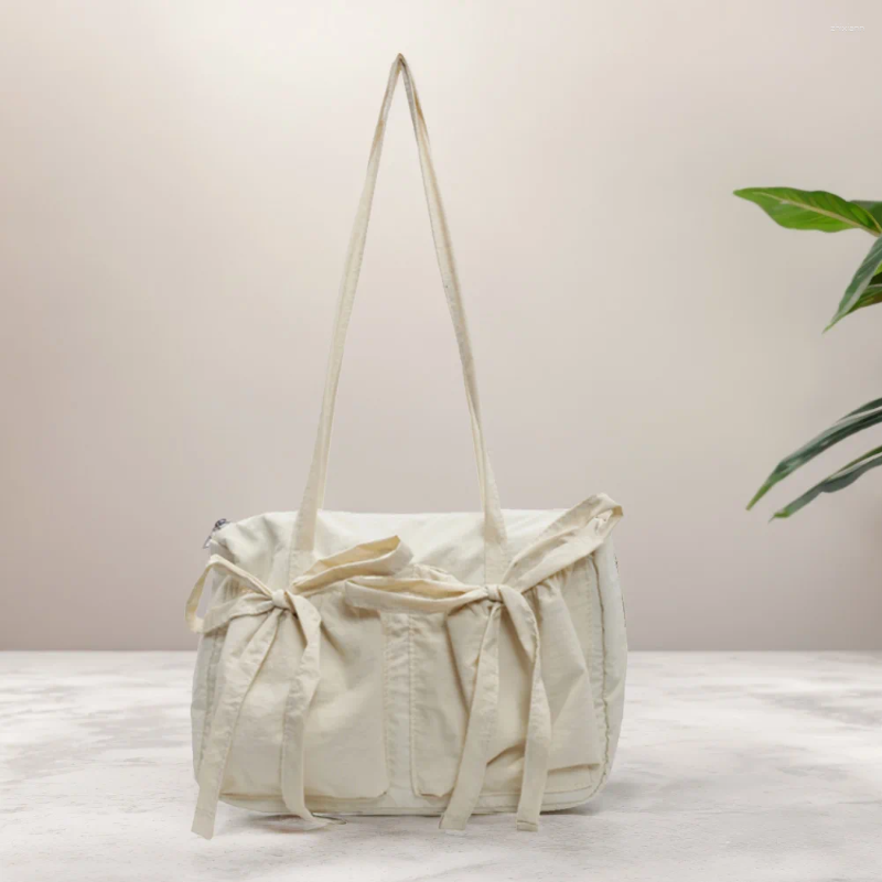 2025 NEW Totes Women Plain Drawstring With Bow Canvas Cute Shoulder Zipper Large Handbag Solid Underarm zhanyishengli