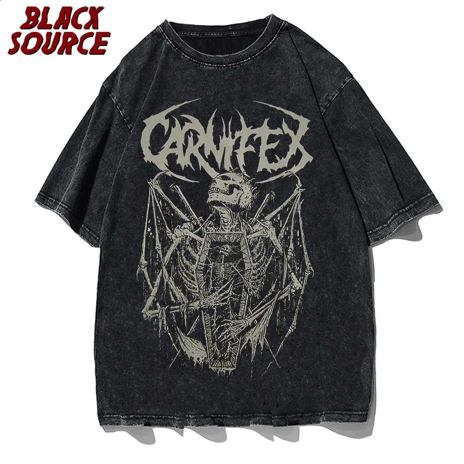 Summer Gothic Mens Loose Neutral Tshirt Punk Dark Stripe Street Clothing Top Harajuku Cotton 240822