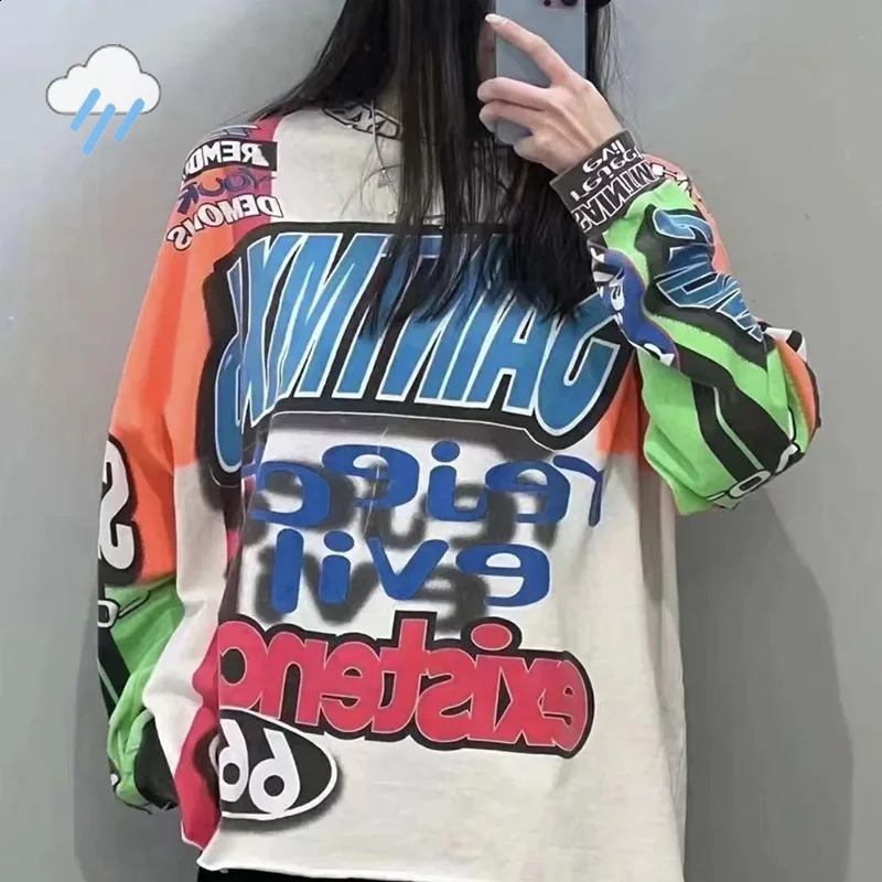 High Quality Cotton Oversized T Shirt Tee Men Women Streetwear Letter Graffiti Saint MOTOCLOSS Long Sleeved T-Shirt Tops 240823