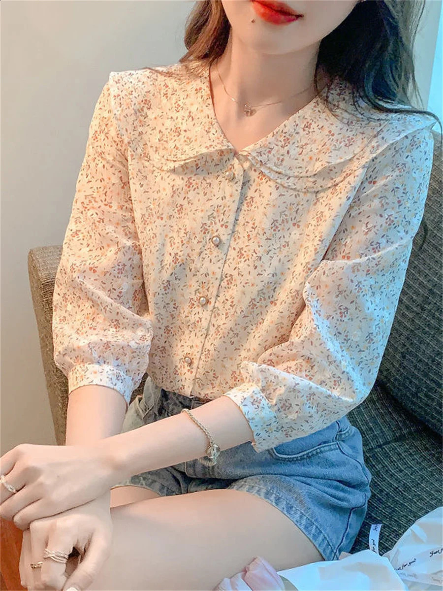 Womens Spring Summer Style Blue Top Casual Half Lantern Sleeve Peter Pan Collar DF4475 w240824