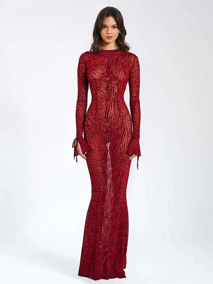 Leopard Bodycon Sheath Sexy Club Women Dresses O Neck Outfits Backless Hollow Out Open Back Mesh Dress Evening Dress Vestidos 240822