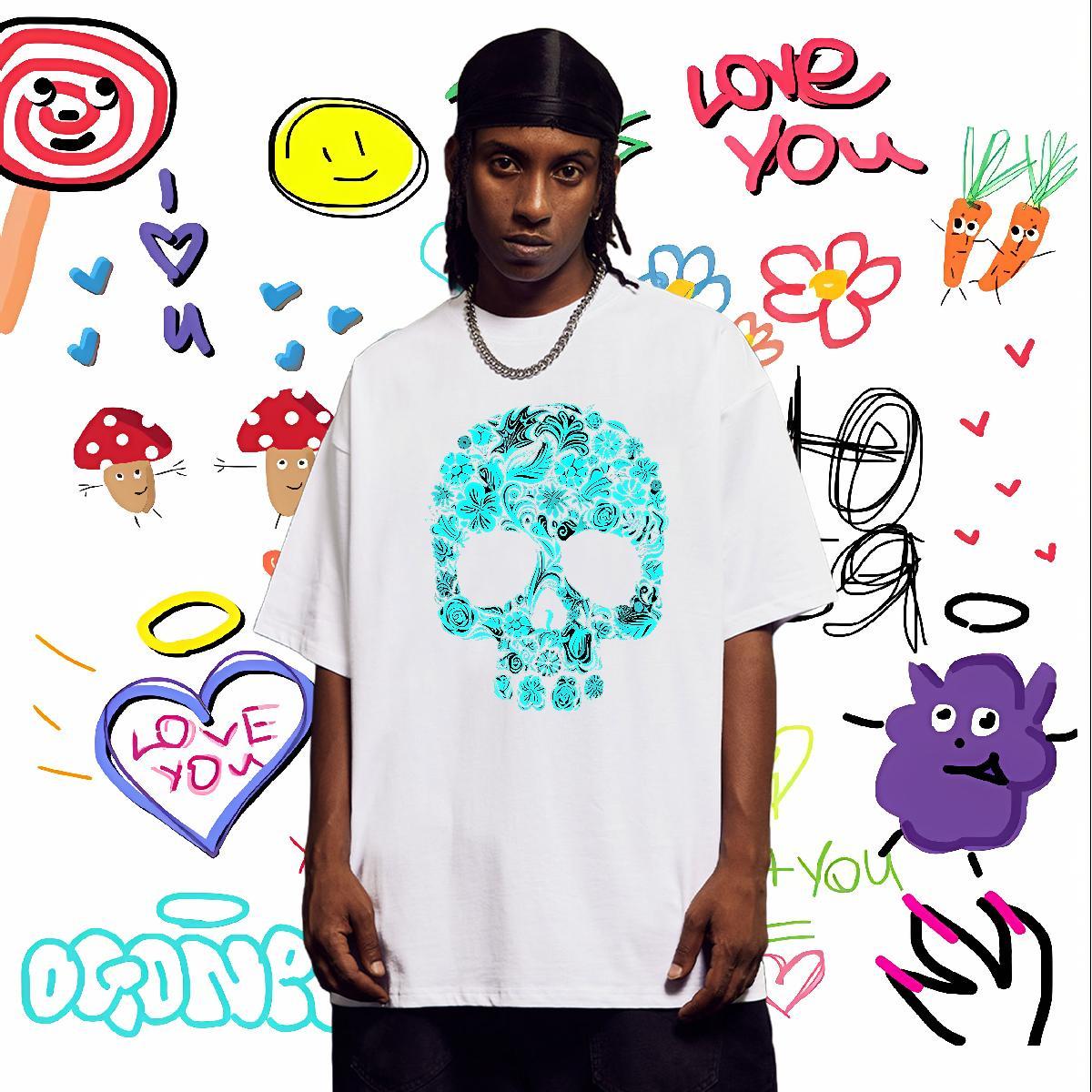 Cool Design T Shirt For Man 230g Pure Cotton skull Street wear Hip Hop Custom Anime Breathable Crew Neck Men Tshirts Classic Casual Clothings
