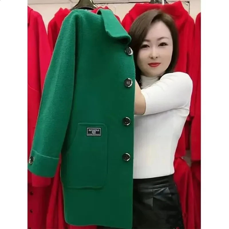 5XL High End Large Size Women Double-sided Cashmere Woolen Coat Autumn Middle Aged Female Korean Loose Mid-Long Wool Outwear 240822