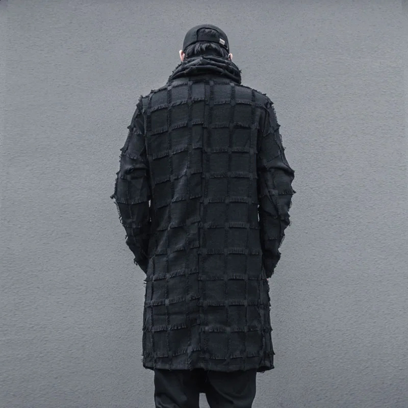 Techwear Style Tassel Plaid Punk Hip Hop Trench Coat Men Turtleneck Irregular n Long Jacket Street Casual Gothic Coat 240822