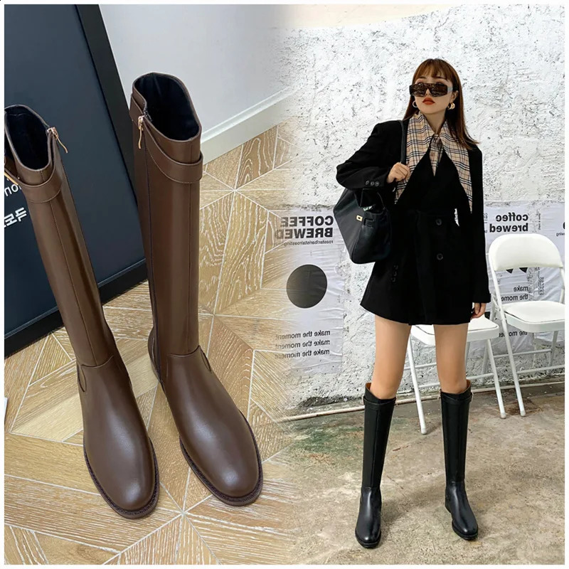 Ladies Knight Boots Classic Warm Boots Side Zipper Round Toe Thick Heel Thin Knee Boots Autumn Winter Women Botas 240823