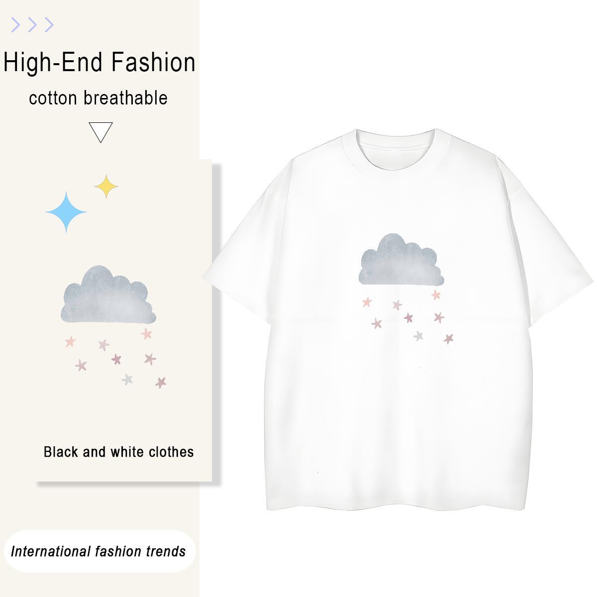 Loose Women Tshirts 230g Cotton painting Daily Wear T-Shirts Breathable Crew Neck Cartoon Print Tops Shirt