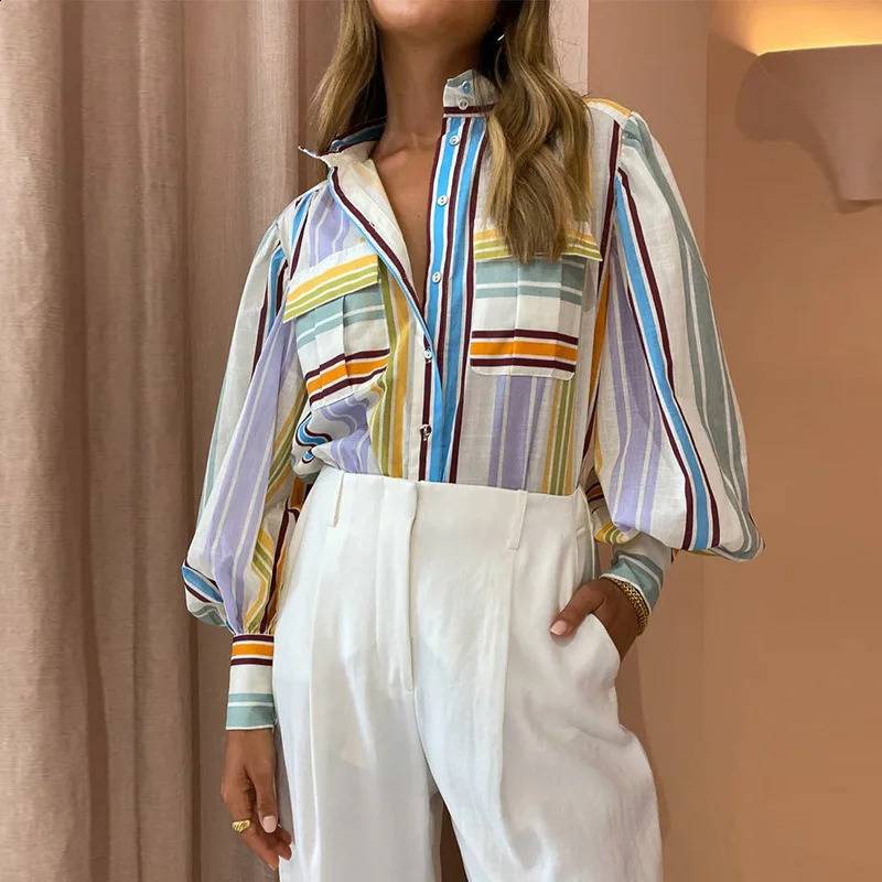 Womens Shirt Style Elegant Polo Neck Long Sleeve Fashion Print Colored Painting Casual Loose Womens Long Sleeve Tops 240823