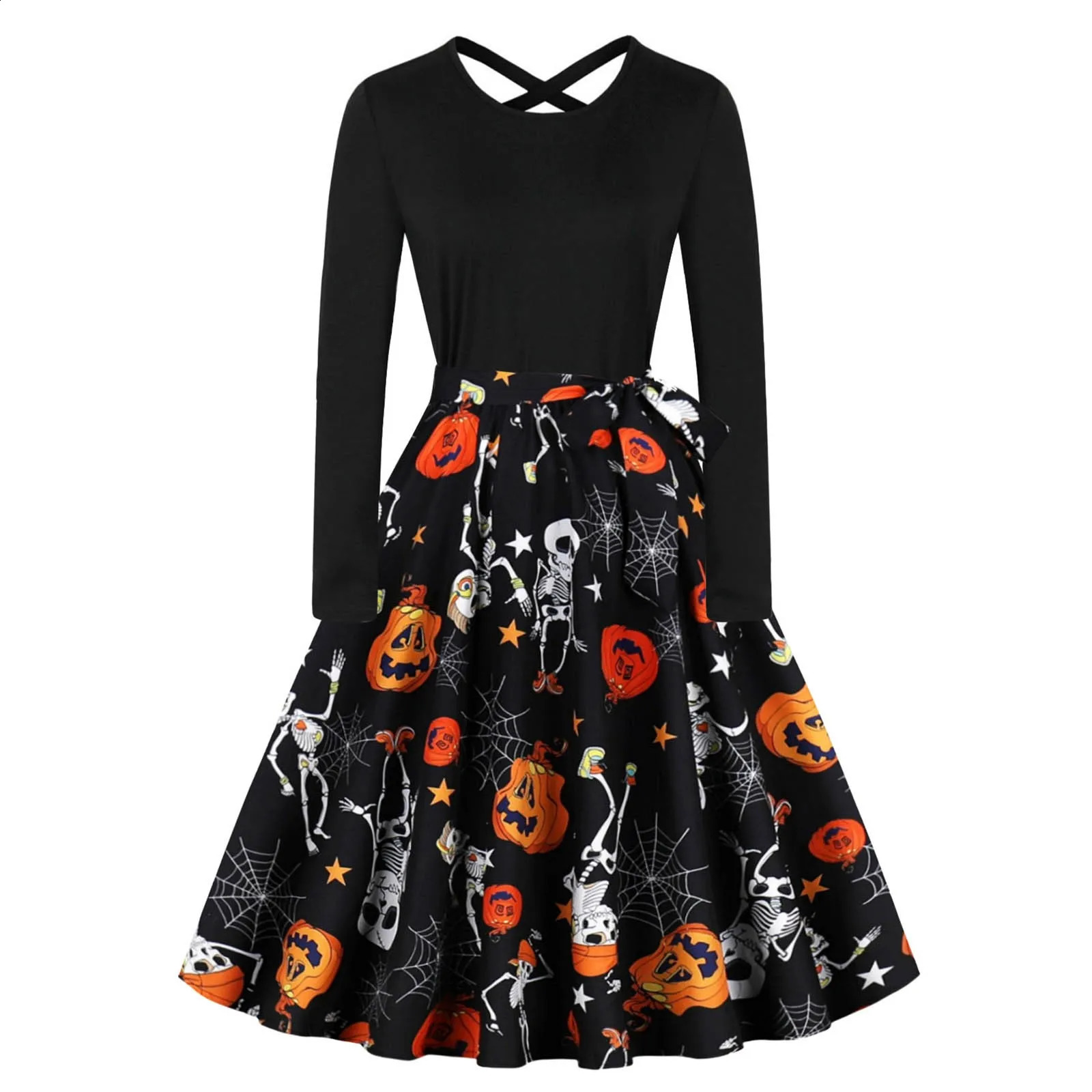 Halloween Christmas Party Dress Womens Long Sleeve Vneck Pumpkin Print Retro Casual Aline Role Playing Tank Top 240823
