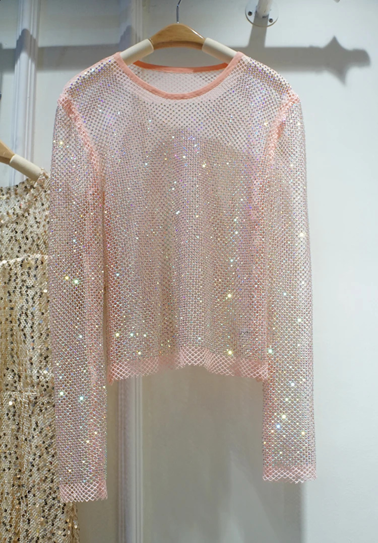 Womens Warm Rhinestone Round Neck Long Sleeve Bright Color Summer Starlight Hollow Shining Bottom Shirt Top Trend for Women 240822