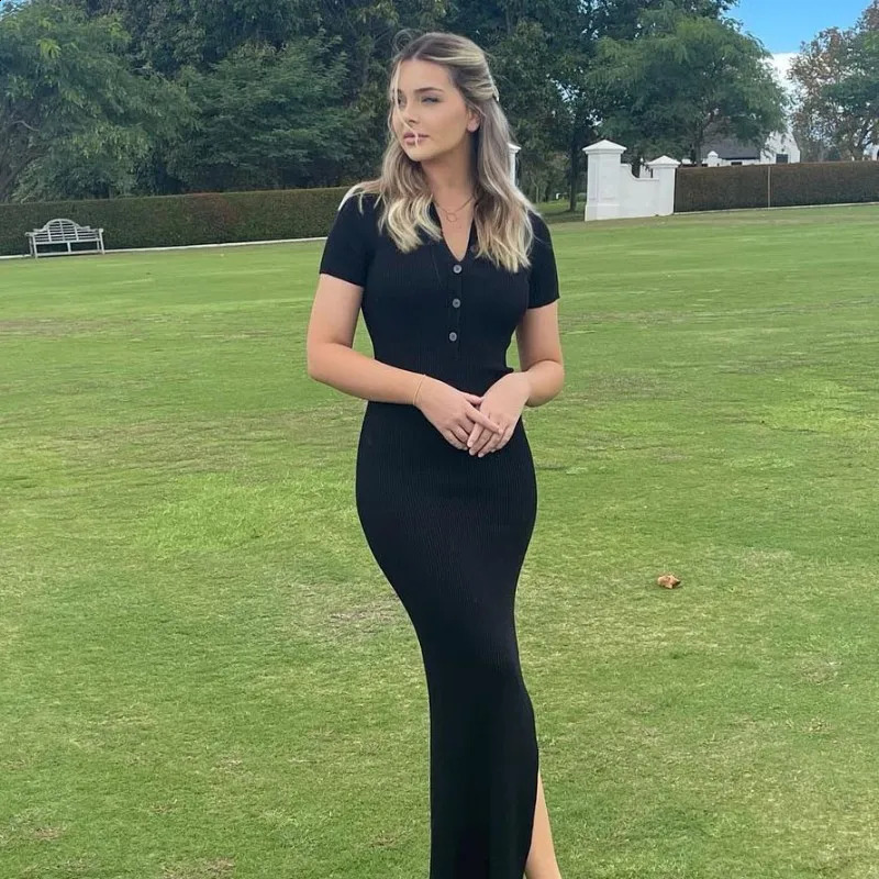 NSANGU Women Sexy Solid Fashion Turn-down Collar Short Sleeve Side Slit Body-Shaping Streetwear Elegant Long Cotton Dress 240823