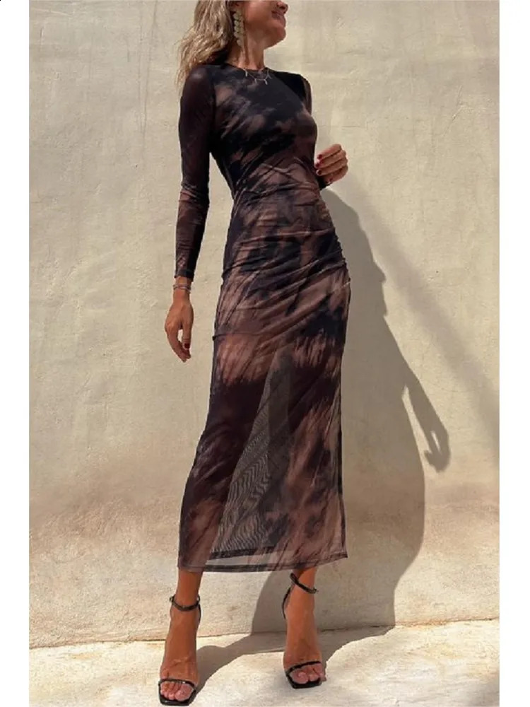 Sexy Mesh Dress For Women Spring Fashion Autumn Long Sleeve Print Dresses Simple Lace Slim Stretch Party Nightclub Dress 240823
