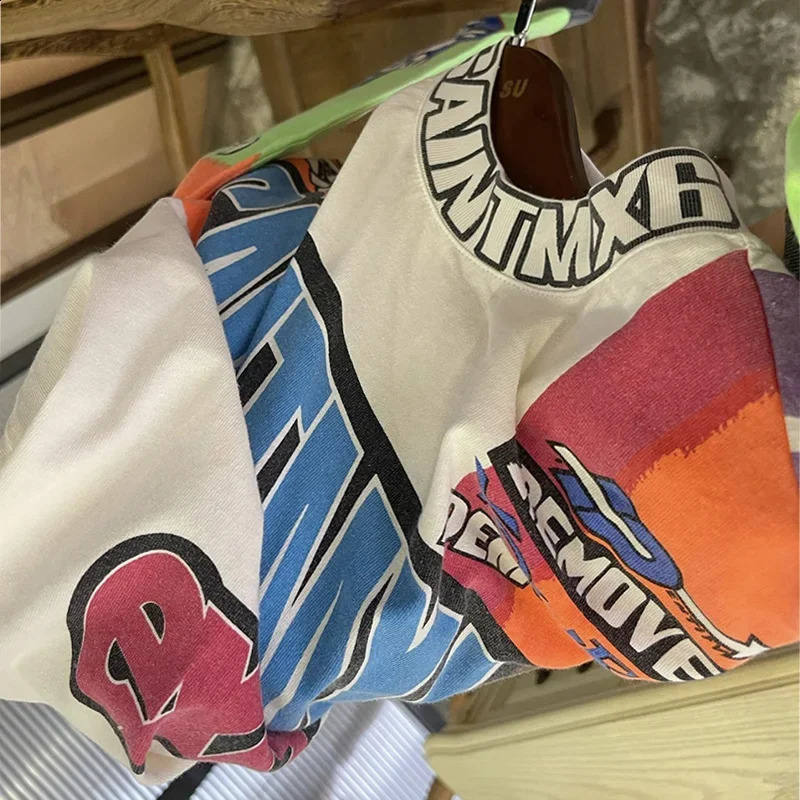 High Quality Cotton Oversized T Shirt Tee Men Women Streetwear Letter Graffiti Saint MOTOCLOSS Long Sleeved T-Shirt Tops 240823