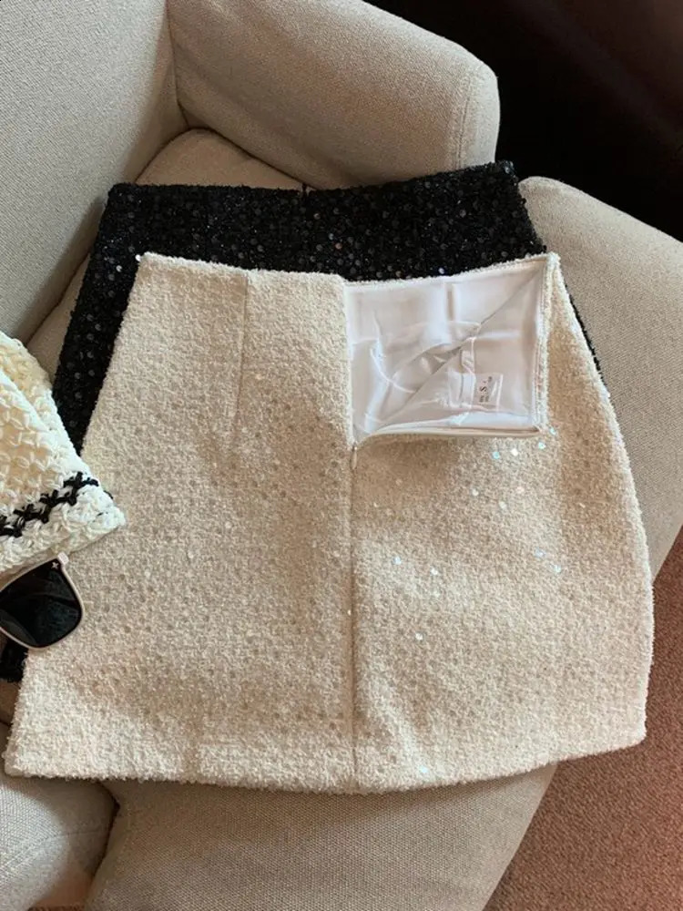 High waist slim girls wrap buttocks short black sequin skirt Aline small perfume thick tweed retro Faldas 240822