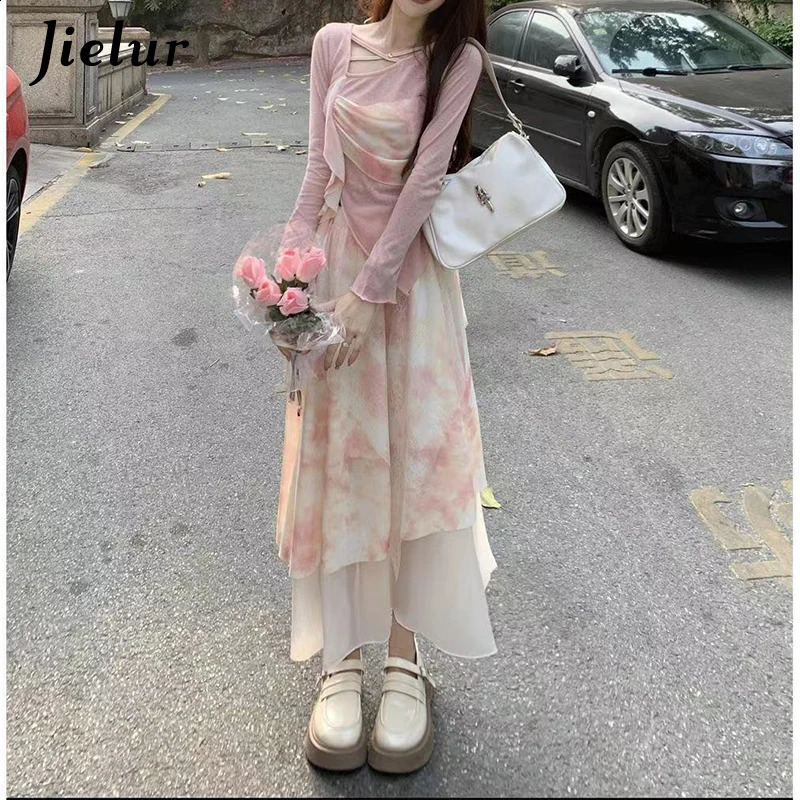 Jielur Spring Fashion Sweet Women Irregular Dress Retro Panel Long Sleeved Top Fragmented Flower Half Skirt Two Piece Set Dress 240823
