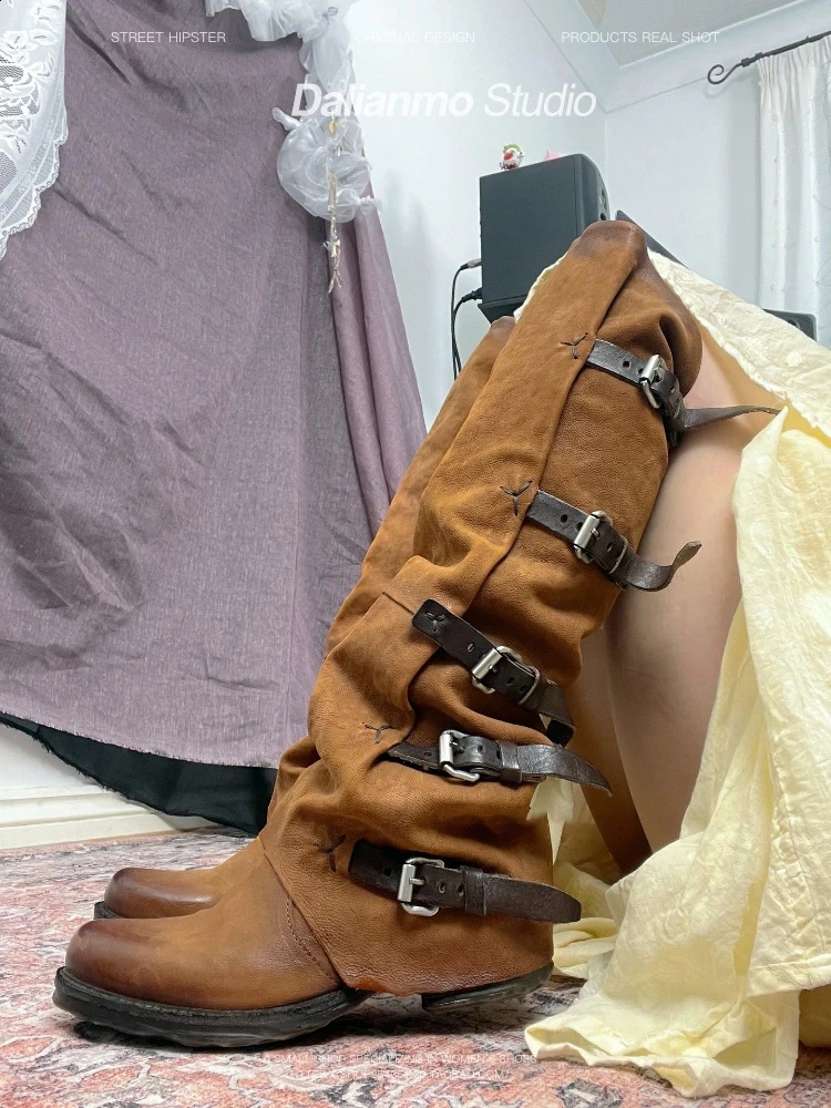 Retro belt buckle knee high boots for women round toe stacked western leather boots autumn winter pleated chicken shoes 240823