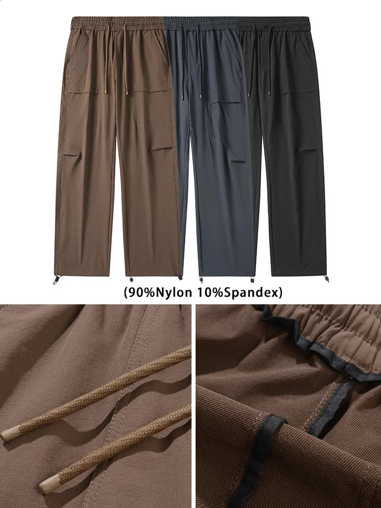 Spring and autumn mens cargo pants outdoor waterproof elastic nylon straight adjustable hem loose fit for runners 240823