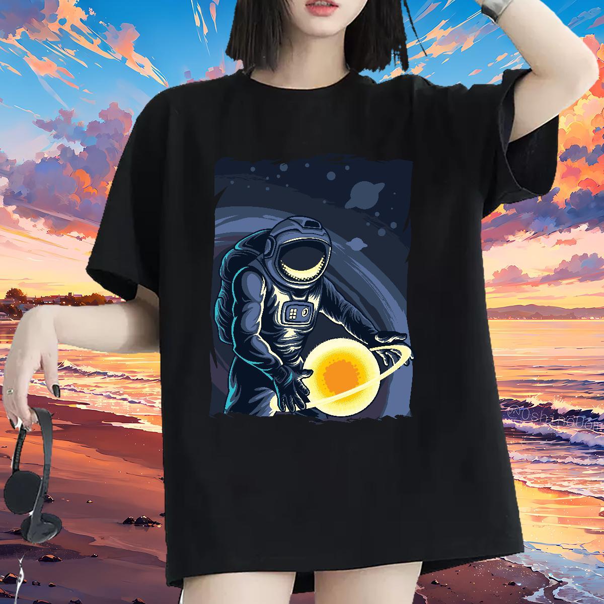 Female Woman Tshirt 230g Pure Cotton spaceman Hip Hop Street T-Shirts for Women Round Neck Short Sleeve Skull Tops Tees