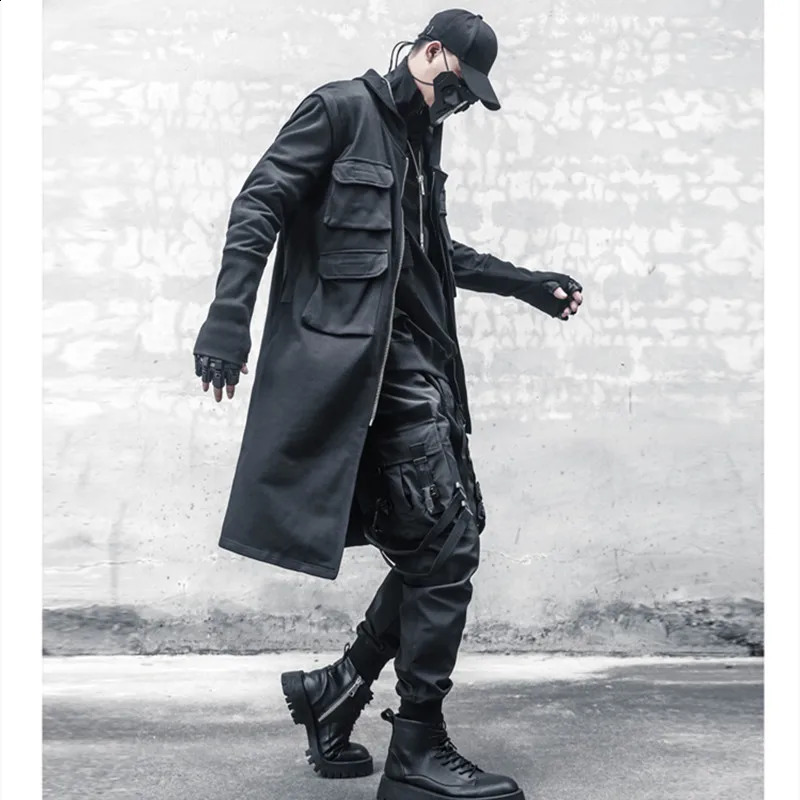 High Quality Multi-pocket Function Punk Hip Hop Trench Coat Men Techwear Style Street Casual Cargo Long Jacket Cloak 240822
