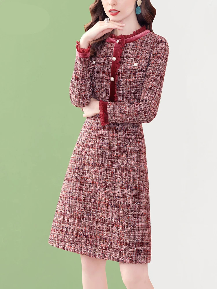 EVNISI Vintage Tweed Dress Winter Diamonds Ruffle Wine Elegant Dresses Plaid Beaded Woolen Flamingo Dress Women Autumn 240823