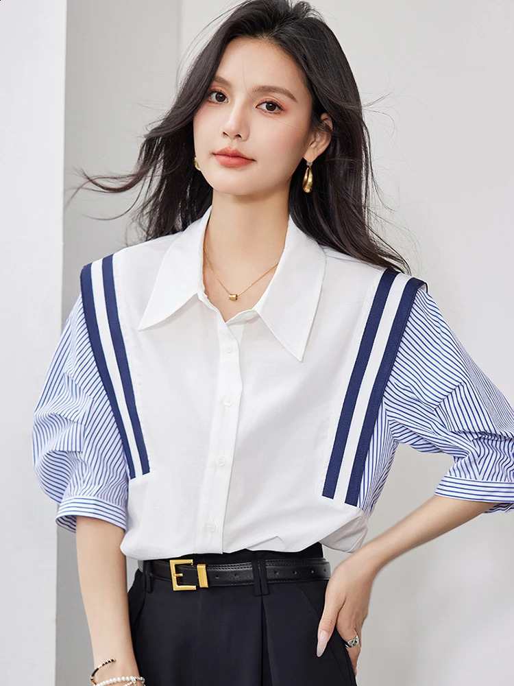French elegant office womens shirt spring striped contrasting color long sleeved temperature ultrathin top 240822