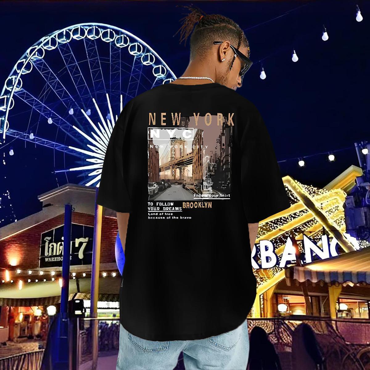 High Quality T-Shirts for Men 230g 100% Cotton New York Street Casual Floral Print Breathable Men Tees Customized Tees Shirts