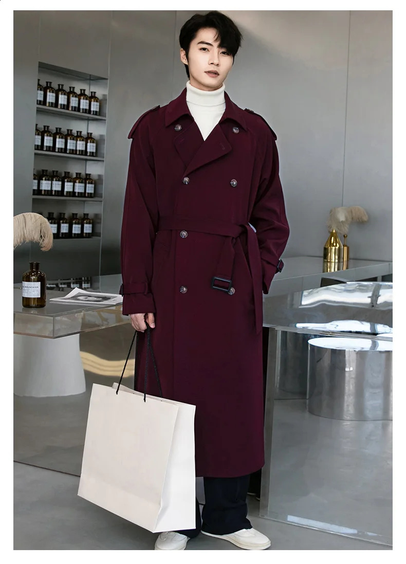 Autumn Winter Mens Trench Wine Jackets for Men Smart Casual Coat Double Breasted British Style Daily Windbreaker Outwear 240822