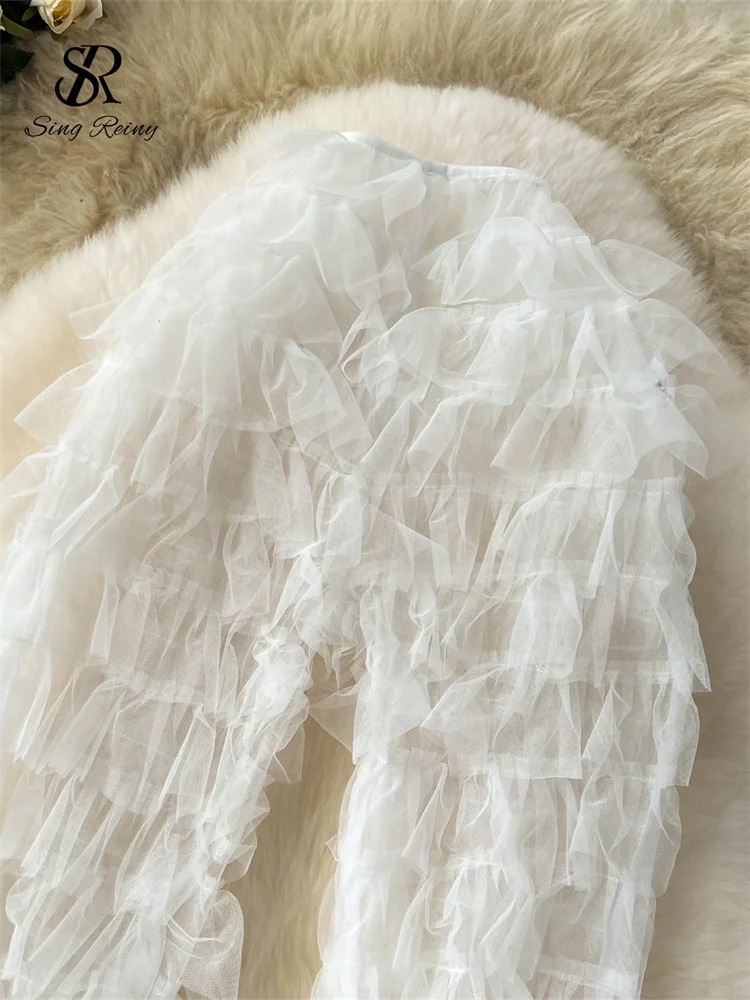 SINGREINY Fashion Mesh Long Pants Women Tierred High Waist American Fashion Streetwear Y2k Vintage Sheer Flare Trousers 240823