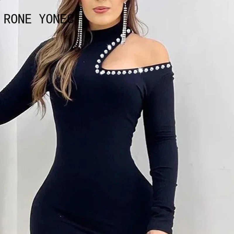 Women Rhinestone Decoration One Shoulder Long Sleeves Mini Bodycon Basic Dress 240823