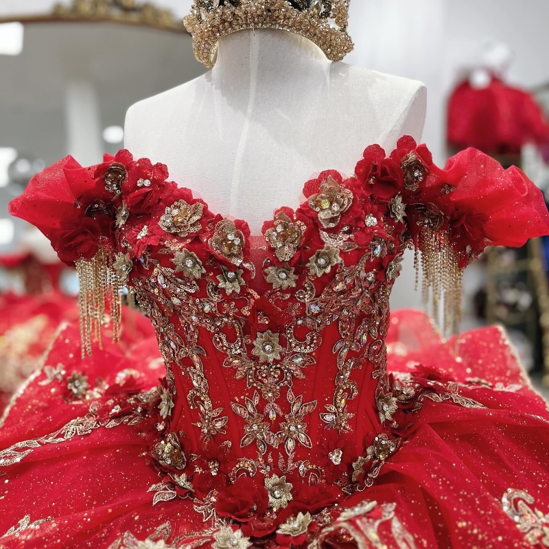 Red Shiny Quinceanera Dresses Off The Shoulder Gold Lace Applique Beading Tull Mexican Corset Sweet 16 Vestidos De 15 Anos