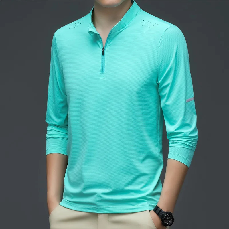 mens casual business Tshirt long sleeved solid color loose elastic top quick drying silk stand up collar style 240823