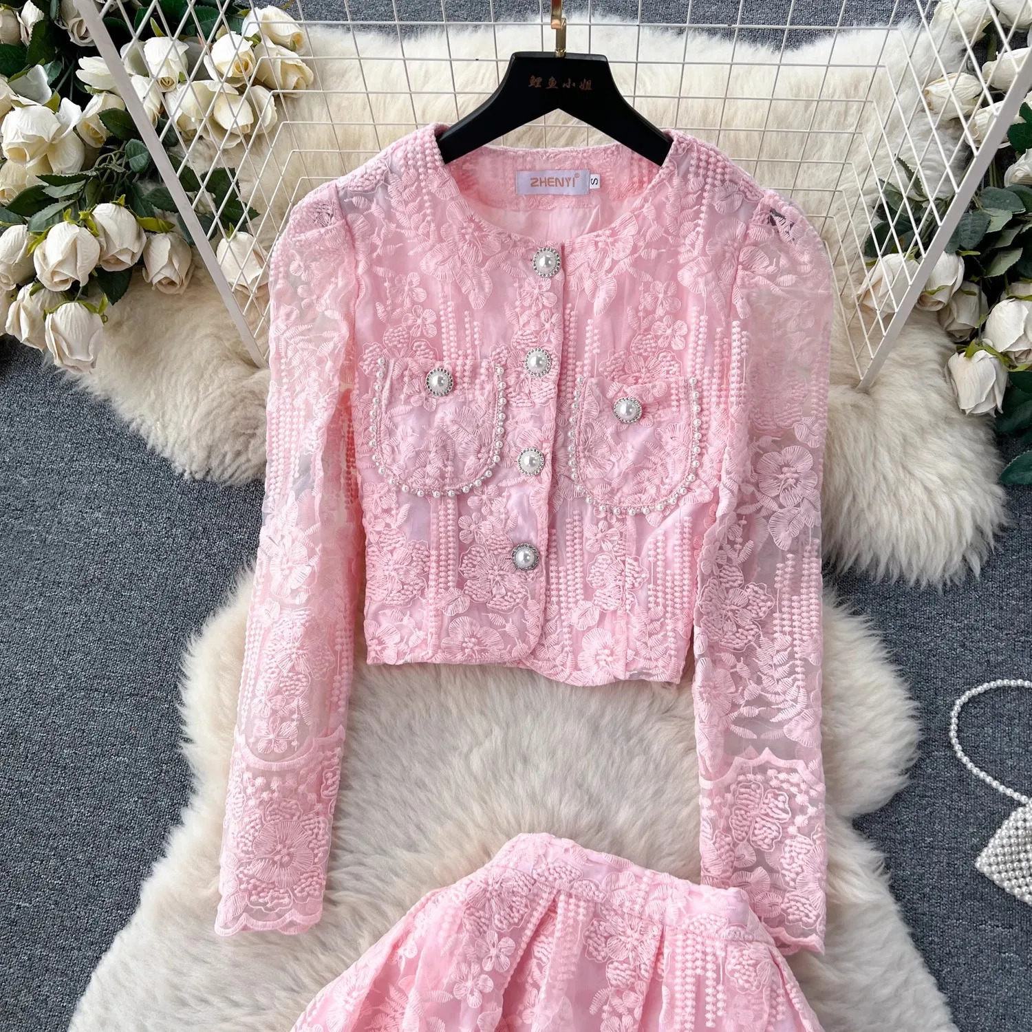 Autumn Pink Embroidery Flower Lace Two Piece Set Elegant Women Single Breasted Beadeds Long Sleeve Shirt Midi Skirt Suits 240823