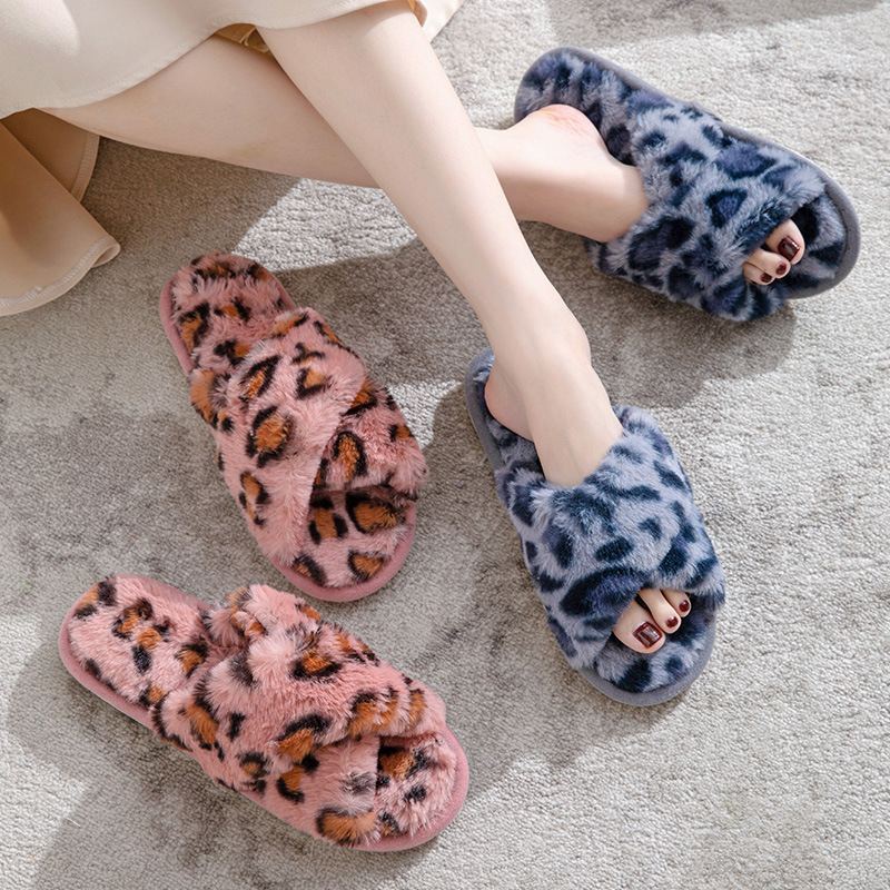 Fashion women classic slippers leopard print cross fur European American sexy open toe autumn winter ladies fur slippers warm Sandals home furry slipp
