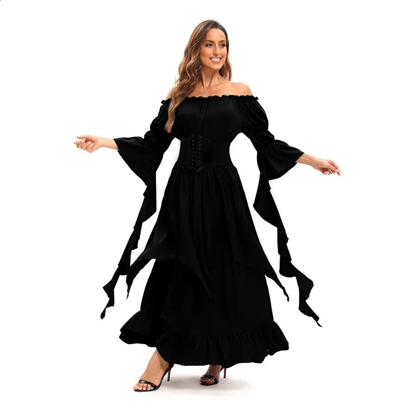 Retro womens shoulder tight corset waist Halloween dress in red black and green w240824