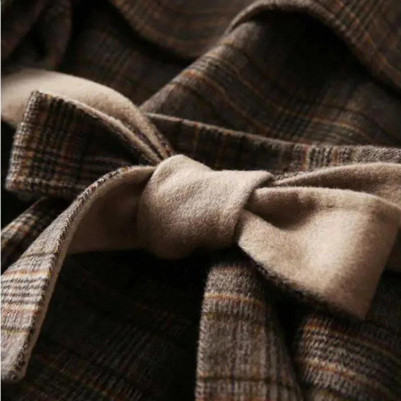 Spring Autumn woolen trench Coat 4XL Outerwear Plaid Woolen Coat Fashion Mid-Long Double-Breasted Coats Women Woolen Jacket 240822