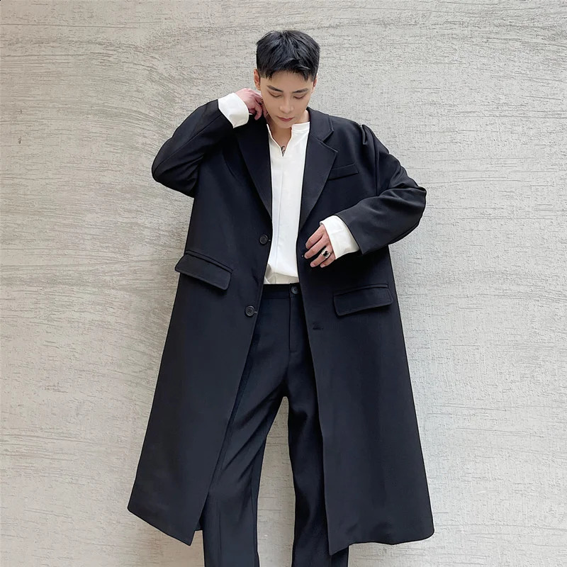 NOYMEI Simple Solid Color Long Coat Mens Shoulder Buckle n Trench Fashion Turn-down Collar Temperament WA641 240822