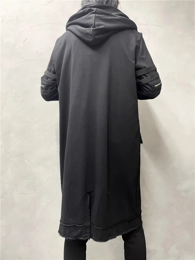 Gothic Black Medium Length Hooded Trench Men Japanese Style High Street Multi Zipper Casual Long Coat Spliced Cloak Wndbreakers 240822