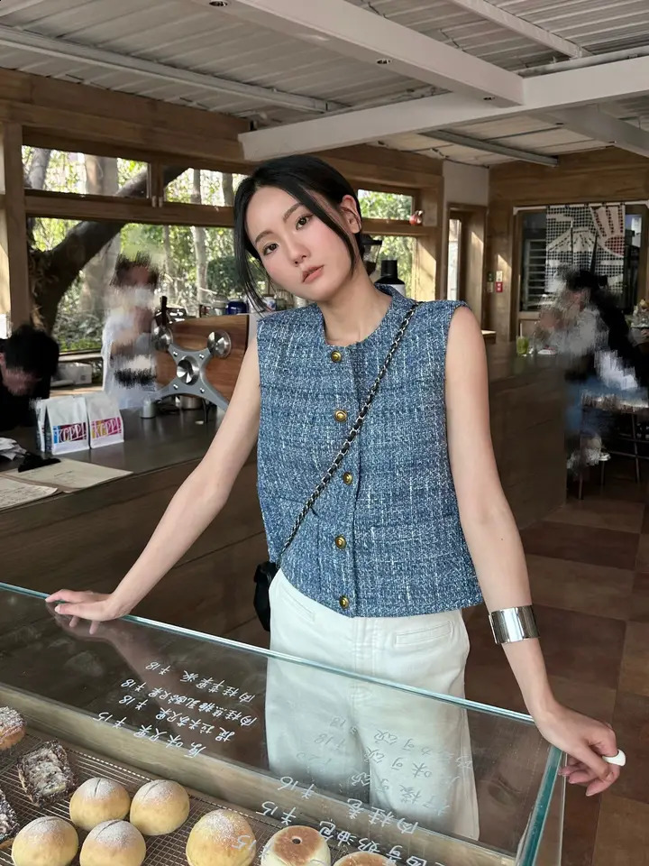 Summer Women Tweed Vest Tops Coat Fashion Streetwear Blue Small Fragrant Wind Vests Jackets Undershirt Outwear Clothing 240823