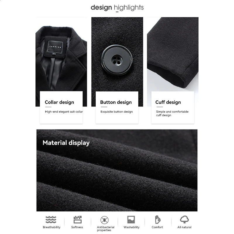 Single Breasted Lapel Long Coat Jacket Fashion Autumn Winter Casual Overcoat Plus Size Trench Mens Woolen Coats Solid Color 240822