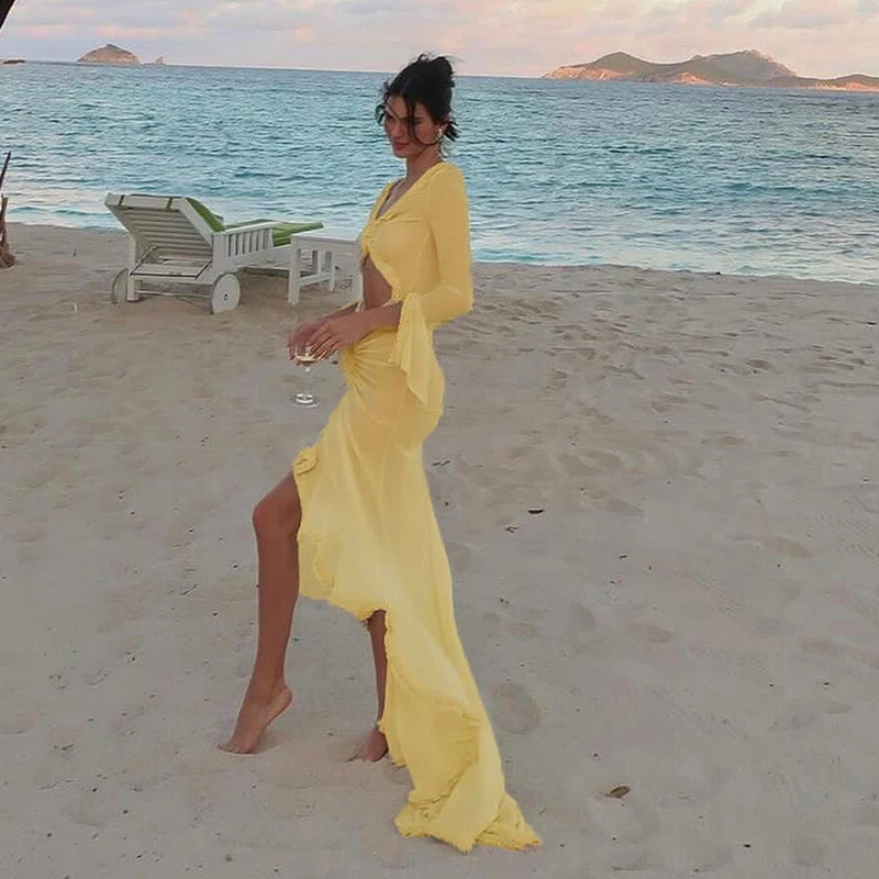 Womens doll Lingerie Mesh Sheer Long Dress Sexy See-Through Long Sleeve Frill Trim V Neck Cutout Long Gown Beach Vestido 240823