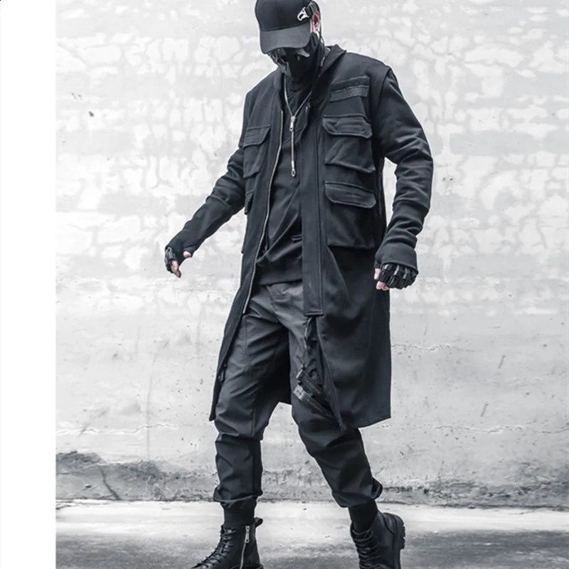 High Quality Multi-pocket Function Punk Hip Hop Trench Coat Men Techwear Style Street Casual Cargo Long Jacket Cloak 240822