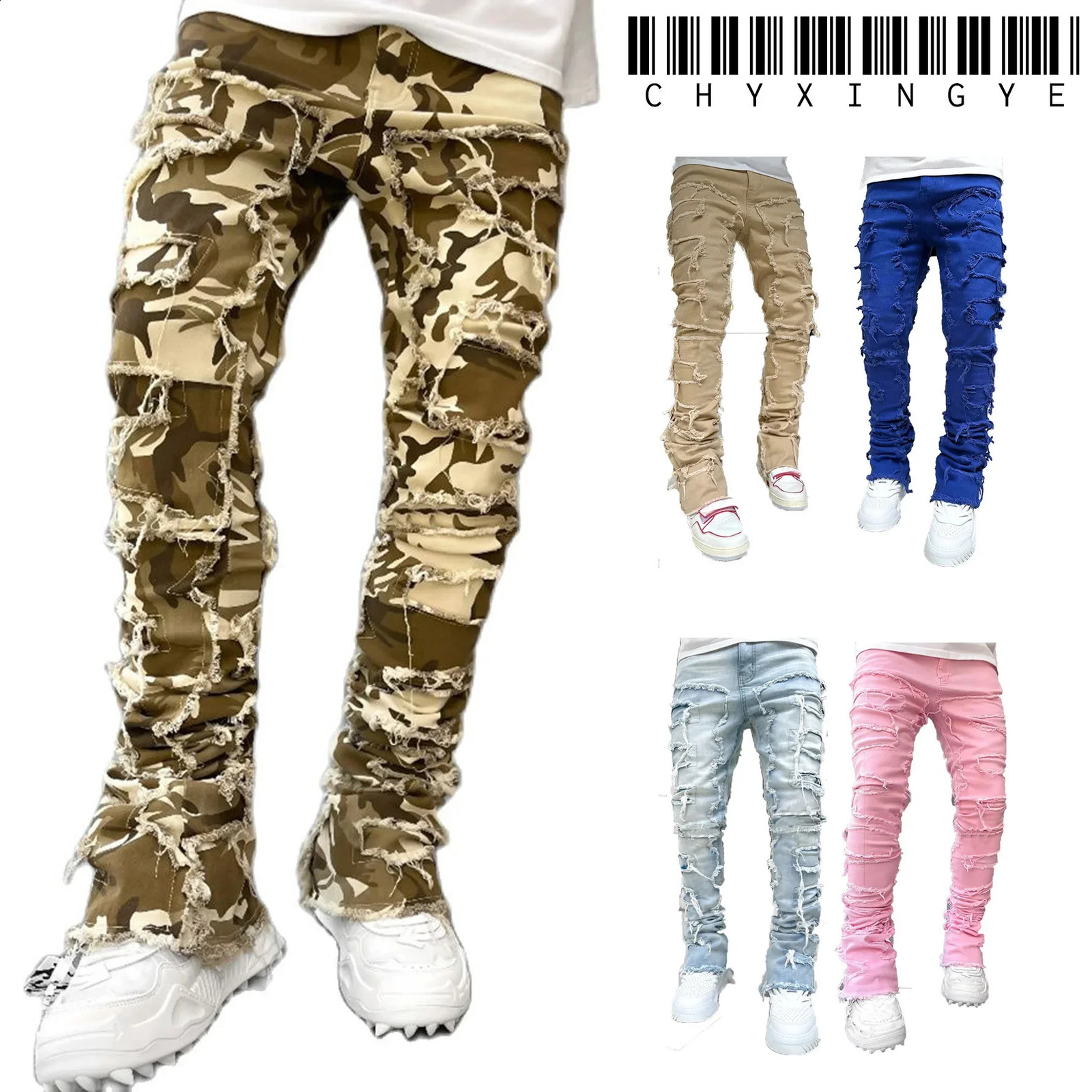 European Camo Pants Men High Street Slim Fit Stretch Patched Denim Ripped Males Stacked Jeans Mens camouflage jeans 240809