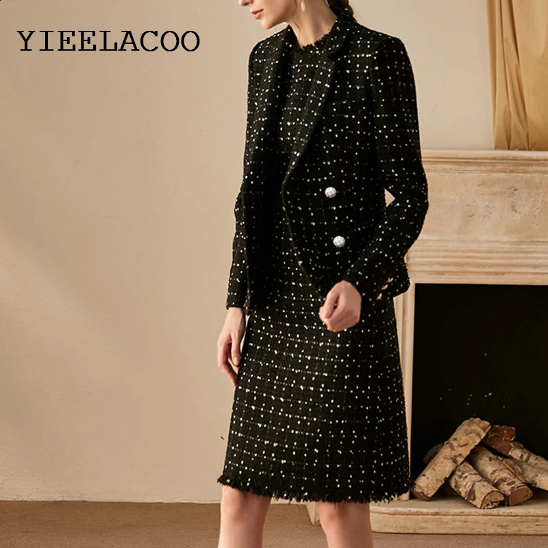 Professional suit Black tweed jacket sleeveless dress Spring /Autumn womens jacket ladies 2 piece Elegant Professional Set 240823